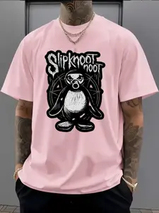 Unisex Slipknot Noot Penguin Print T-Shirt, Metal Band Inspired Casual Streetwear, Gothic Penguin & Star Design, Comfortable Cotton Blend Top