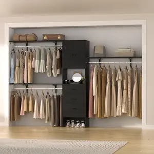 10FT Closet System With Drawers & Hanging Rods, 120'' Walk-in Closet Organizer With Doors And Shelf Towers, Heavy Duty Closet Clothing Rack For Bedroom, Closet, Max Load 1300 LBS