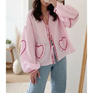 Women Long Sleeve Shirts Heart Embroidery Plaid Front Bowknot Tie-Up Blouses Fashion Spring Summer Casual Tops