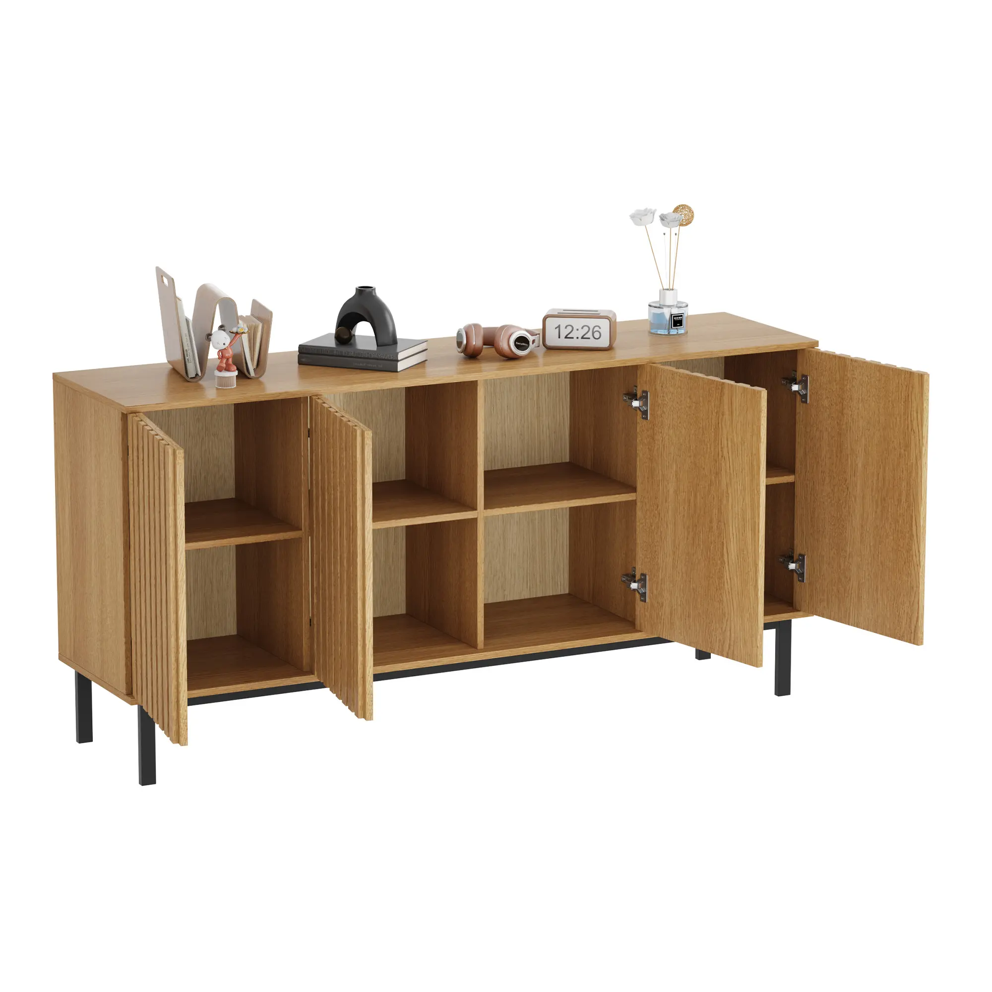 Modern Fluted Wooden Sideboard Buffet Cabinet – Adjustable Shelf – Ample Storage – Freestanding Coffee Bar for Dining Room or Living Room – Three Doors – Wood Color