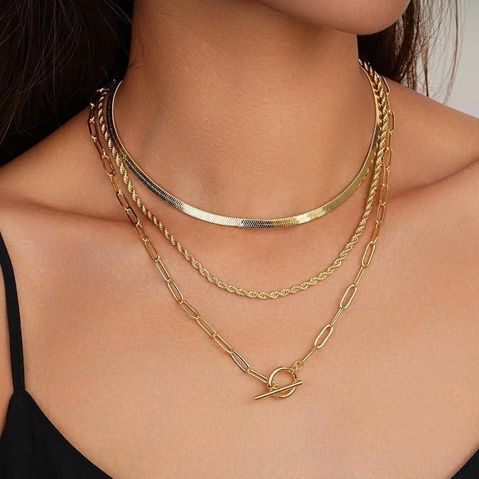 Tewiky 14K Gold-Plated Layered Toggle Necklaces for Women: Dainty LinkChain Necklaces Paperclip Cuban Rope Adjustable ChokerT-Bar Toggle Clasp Chunky Necklace For Valentine's Daygifts Trendy Jewelry