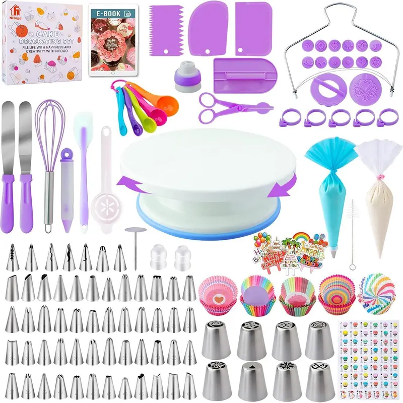 Nifogo Basic 356-Piece Beginner-Friendly Pastry Decorating Kit - 301 Set-Light Pink, 40 Set-Blue, Precision Bakeware Tools Including Cake Turntable, Piping Bag for Crisp Lines, Icing Tips for Cream Cake Decoration