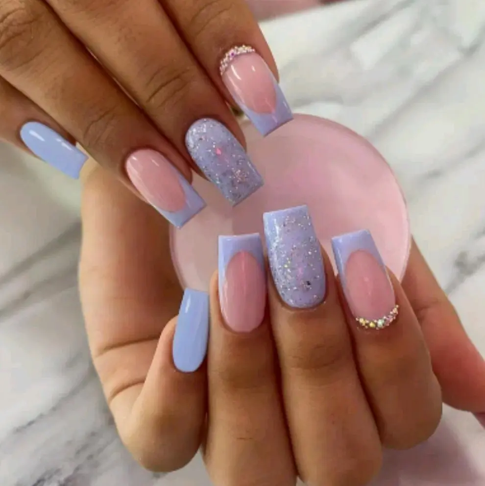 Long Square Sparkly  Periwinkle French with Rhinestones Press On Nails 24 CT press-on nail