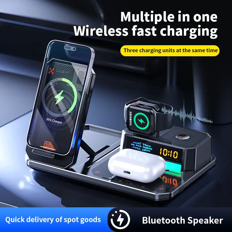 Office Charging Station, 5-in-1 Magnetic Wireless Charger Stand Bluetooth Speaker Digital Clock | Foldable Phone and Watch Charger for Multiple Devices-iPhone,magsafe charger,Multifunctional office desktop ornament, freeing up charging cables