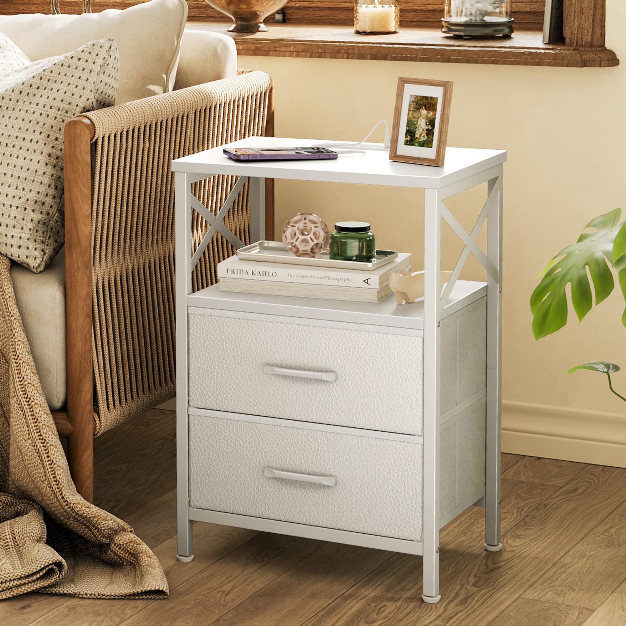 Huuger Night Stand with Charger Station, 2 Drawer Nightstand with Open Shelf, Bed Side Table with USB-C Port, End Table, Compact Size for Small Spaces, X Shaped Side Rail Huuger Night Stand with Charger Station, 2 Drawer Nightstand with Open Shelf, Bed Side Table with USB-C Port, End Table, Compact Size for Small Spaces, X Shaped Side Rail