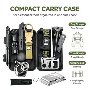 Multi-Functional Emergency Camping Tool Kit - Tactical Pen, Flashlight, Fire Starter, Multi-Tool Card in Shockproof Case for Backpacking, Hiking, Vehicle Storage