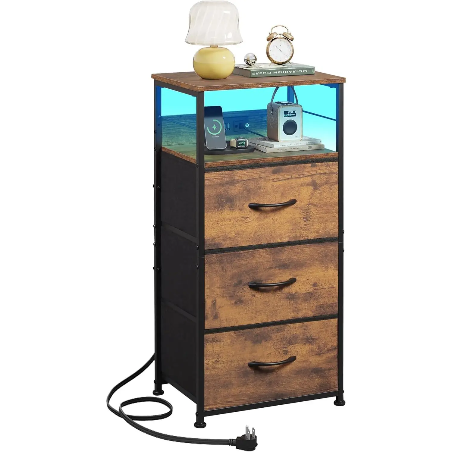 WLIVE Nightstand with Charging Station and LED Lights, 3 Drawer Dressers, Tall Night Stand, Bed Side Table for Bedroom,Rustic Brown