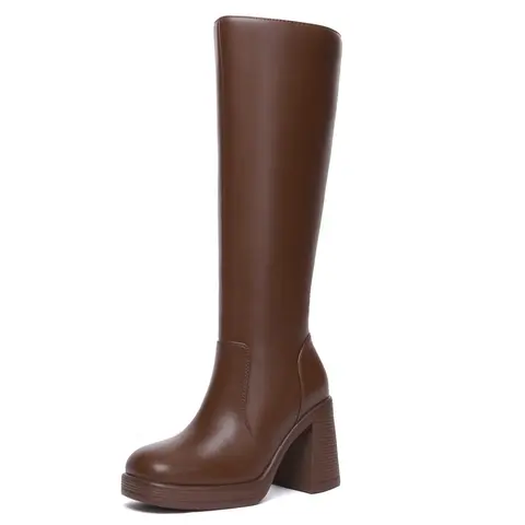 Women's Square Toe Knee-High PU Leather Boots - 3.54 in Wedge Block Heel, Chunky Platform, Side Zipper, Slip-On, Rubber Sole, All-Seasons Casual Business Trending Walking Shoes High Heels Footwear