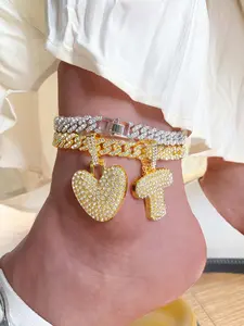 Rhinestone Decorated Heart Shaped Pendant Anklet, Fashionable Hip-hop Chain Paired with Initials Name Letter Pendant Anklet, Jewelry Set for Women & Girls