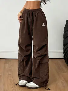 Trendy Corduroy Work Pants, Women, Loose Wide Leg, Adjustable Drawstring, Multi-Functional Pockets, Y2K Street Style, Tiktok Trend