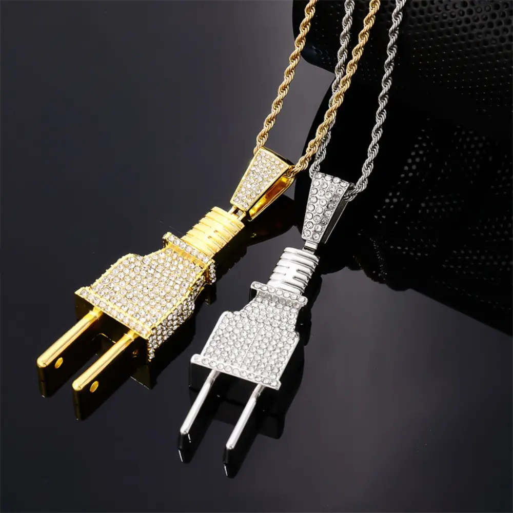 MaxBling81 Unisex Hip Hop Fashion Necklace, Iced Out Power Plug Pendant in Gold or Silver Plate with 18-24in Rope Chain, Silver Rope Chain