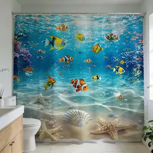 1 Pc Waterproof Decorative Shower Curtain, Create an ocean-inspired bathroom design with fish and seashell prints ideal for bathroom renovation, home decoration, Bathroom Decorations