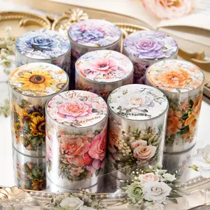 8 Rolls Floral Tape Set Flower PET Tape Stickers Sunflower Rose Hydrangea Butterfly Decorative Masking Tape Vintage Washi Tapes Pet Tape Decorative Tape Scrapbook Supplies Halloween Christmas Gift