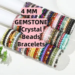 4MM Gemstone Crystal Beads Bracelets 7.5 Inches Natural Stone Beads for Men Women Stretchy Elastic String Handmade Jewelry Gift Strawberry Quartz Rose Quartz