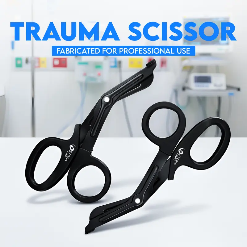 Utopia Care 2-Pack Stainless Steel Medical Cutting Tools, Portable Black EMT Trauma Shears with Heavy-Duty Performance, Large Finger Openings, Fluoride-Coated Blades, Leather & Gauze Compatibility for First Responders,Professional-grade,thinning sheers,