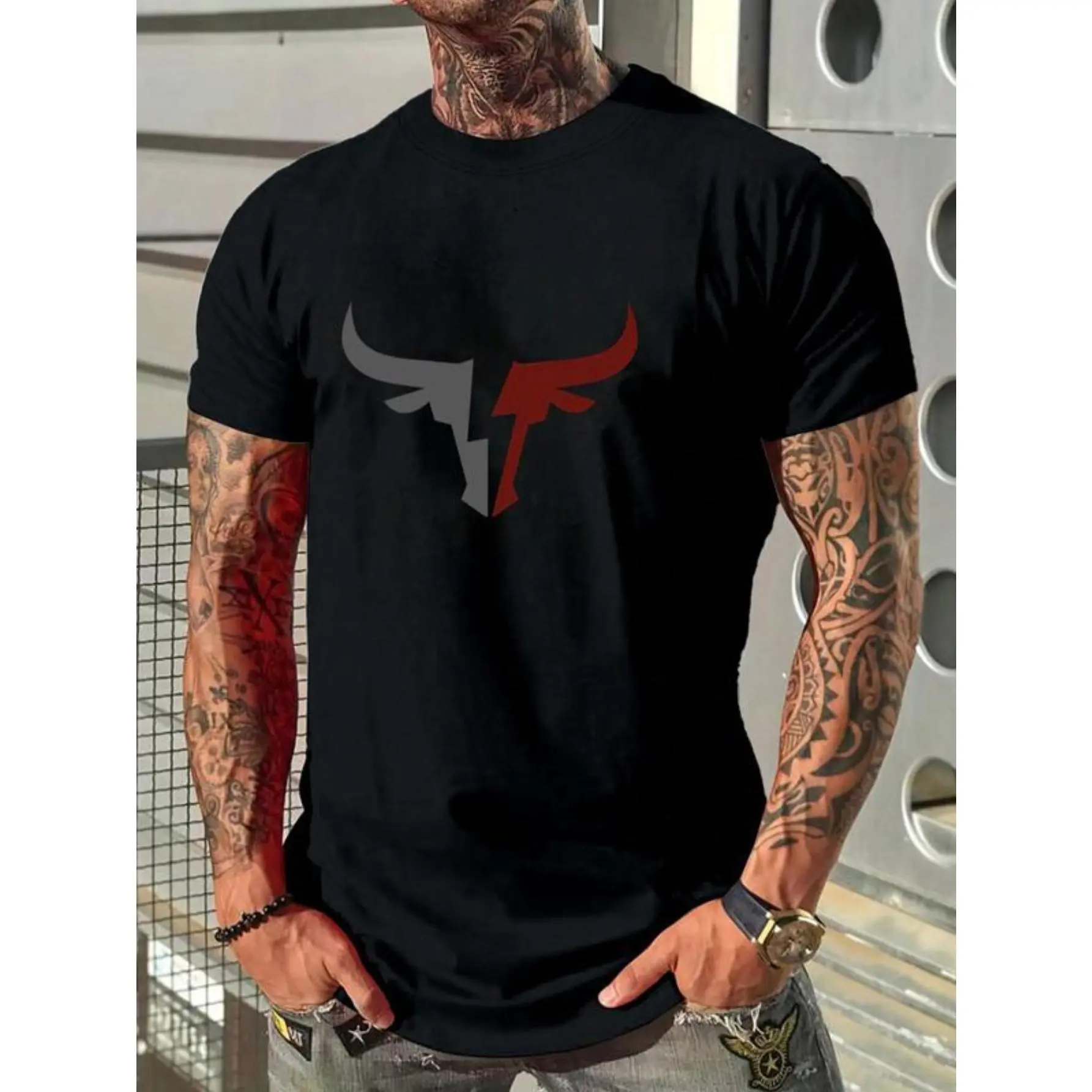 Men's Classic Cotton Bull Print Round Neck Short-Sleeve T-Shirt, Regular Fit Menswear Casual Streetwear Top for Summer Daily Wear, Tshirt, Shortsleeve, Soft, Bull-Themed Men's Short-Sleeve T-Shirts, Fabric
