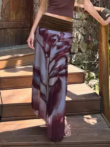 Vintage Print Low Waist Midi Skirt Y2K Boho Style, Mesh Pleated Grunge Half Skirt for Women, Womenswear, Slim-Fitting Polka Dot Pattern, Boho Casual Skirts