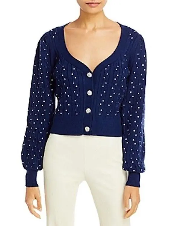 Aqua Rhinestone Cable Knit Cardigan Royal Blue S Casual Fit