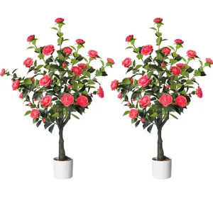 SHareconn 2 Pack 4FT Artificial Camellia Tree with 40 Pink Blooming Flowers Faux Indoor Plant for Home Porch Decor Nature Versatile Elegance No Maintenance Required