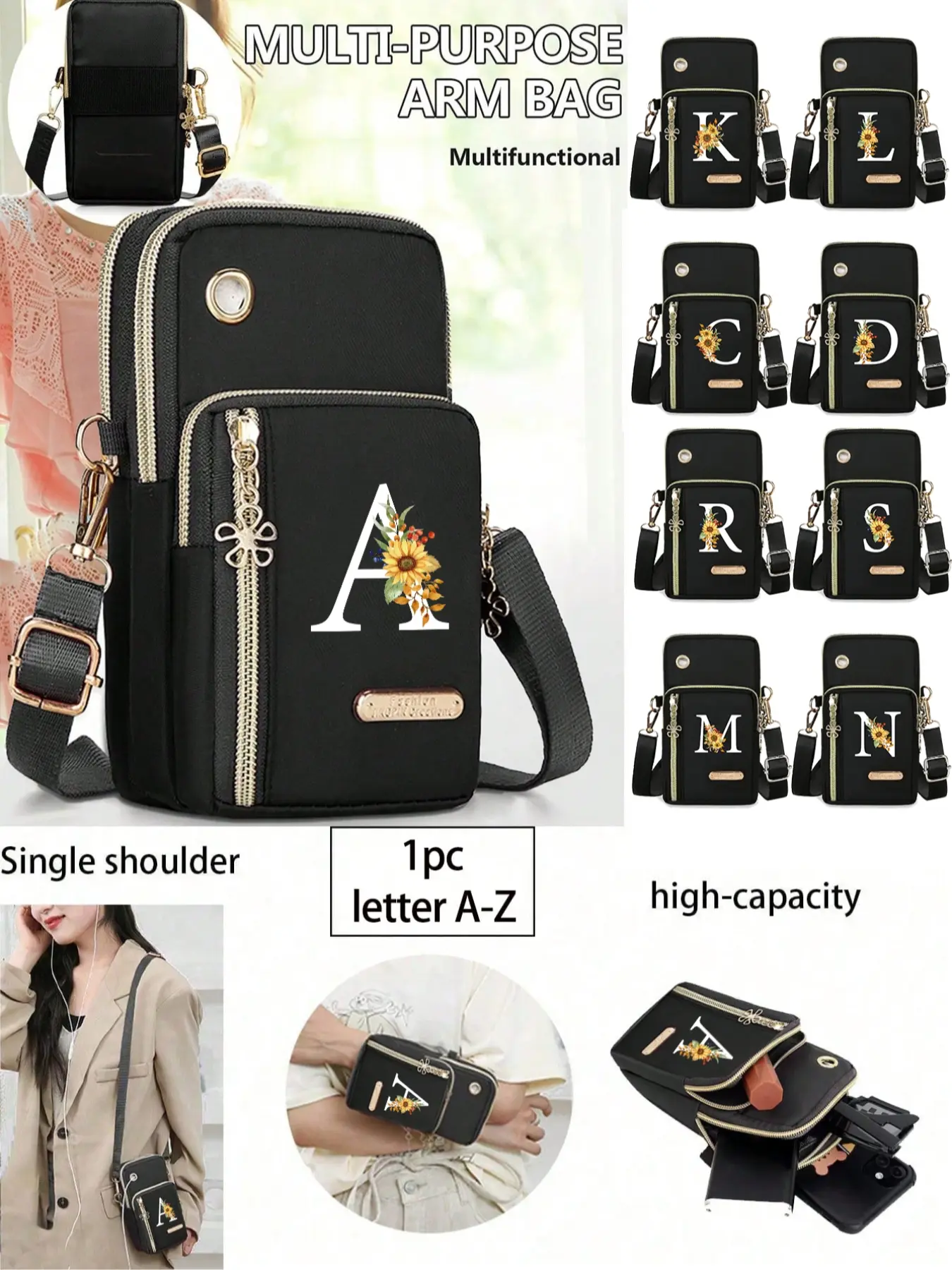 Ladies' Mobile Phone Bag, Floral Shoulder Bag, Mini Crossbody Bag With Floral Initials Pattern, Large Capacity Vertical Coin Purse, Equipped With Black Headphone Anti Loss Rope, Mini Casual Crossbody Phone Bag With Headphone Hole, Crossbody Purses