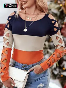 Women's Colorblock Criss Cross Cut Out Knit Top, Casual Fashion Knitwear, Casual Long Sleeve Round Neck Knitwear for Daily Wear, Ladies Clothes for All Seasons