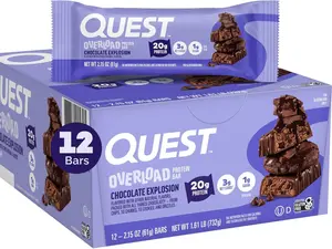 Quest Nutrition Overload Protein Bars, Chocolate Explosion, 20g Protein, 1g Sugar, 3g Net Carbs, Gluten Free, 12 Count