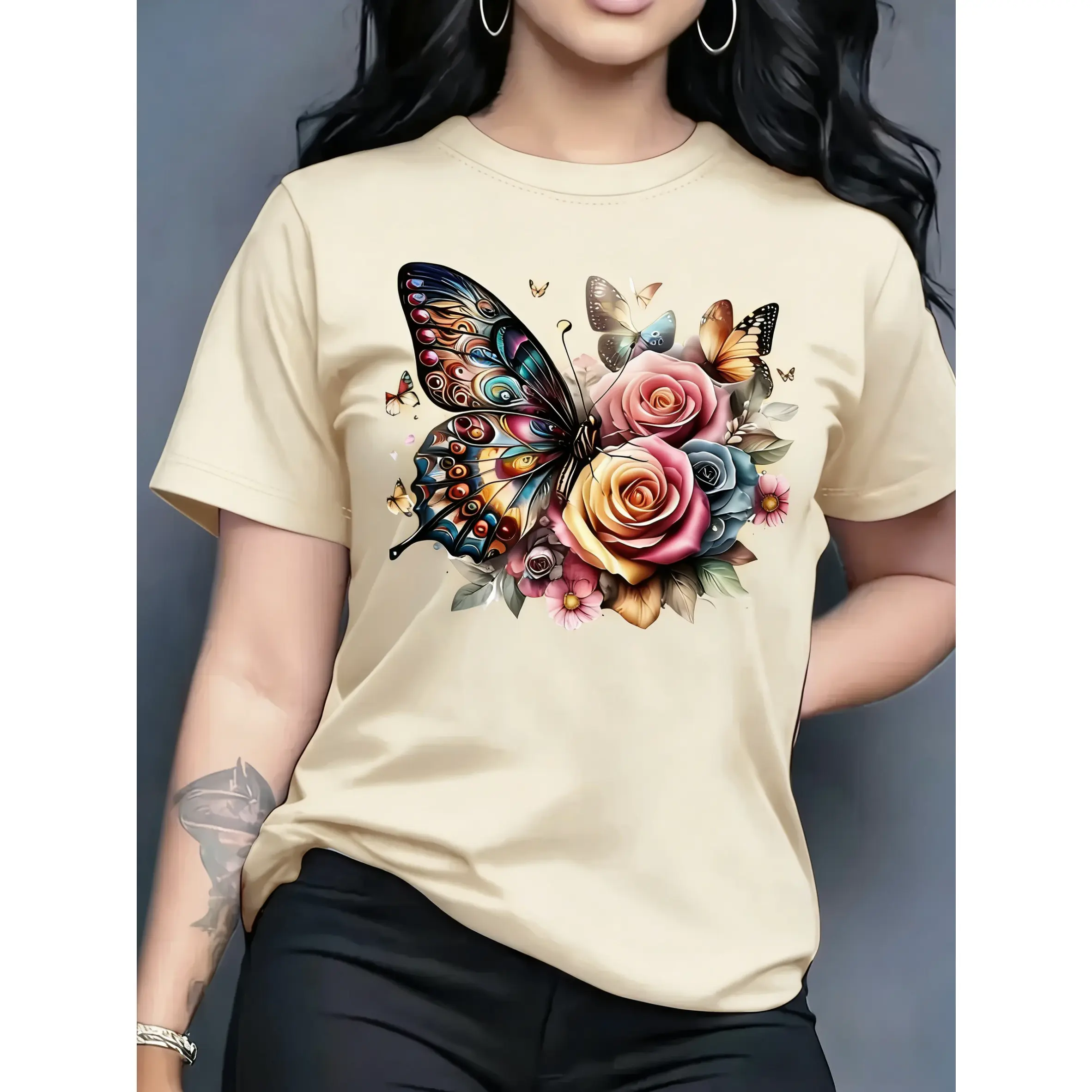 Women's 100% Pure Cotton Smooth Basic Short-Sleeve Tee - Streetwear Casual Round Neck T-Shirt with Butterfly-Floral Graphic Print, Fit Design, Multi-Color Options for Spring/Summer