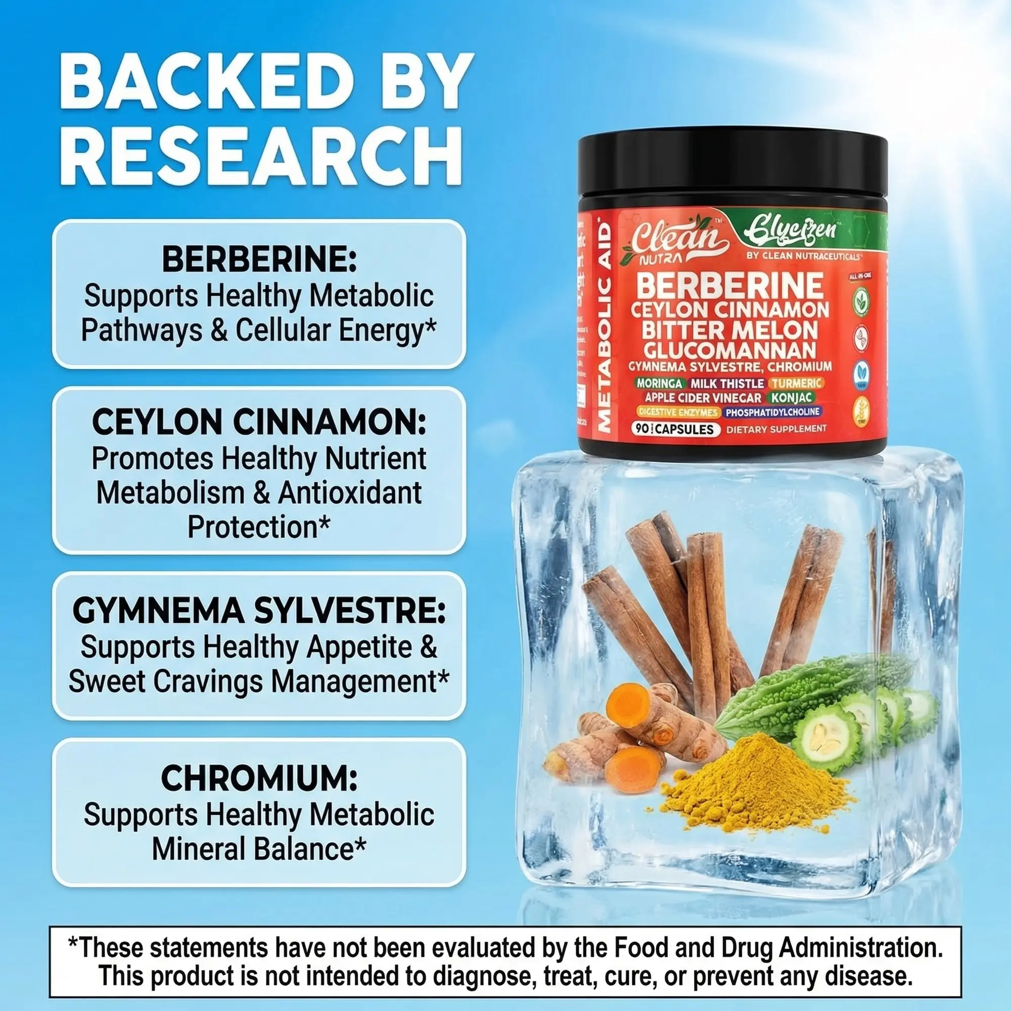 Clean Nutra Berberine, Ceylon Cinnamon, Bitter Melon & Glucomannan