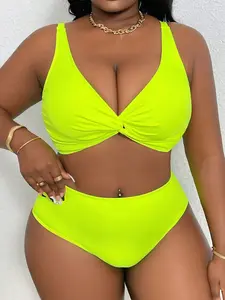 Swim Vcay Plus Size Solid Color Twisted Swimwear Set For Summer Beach