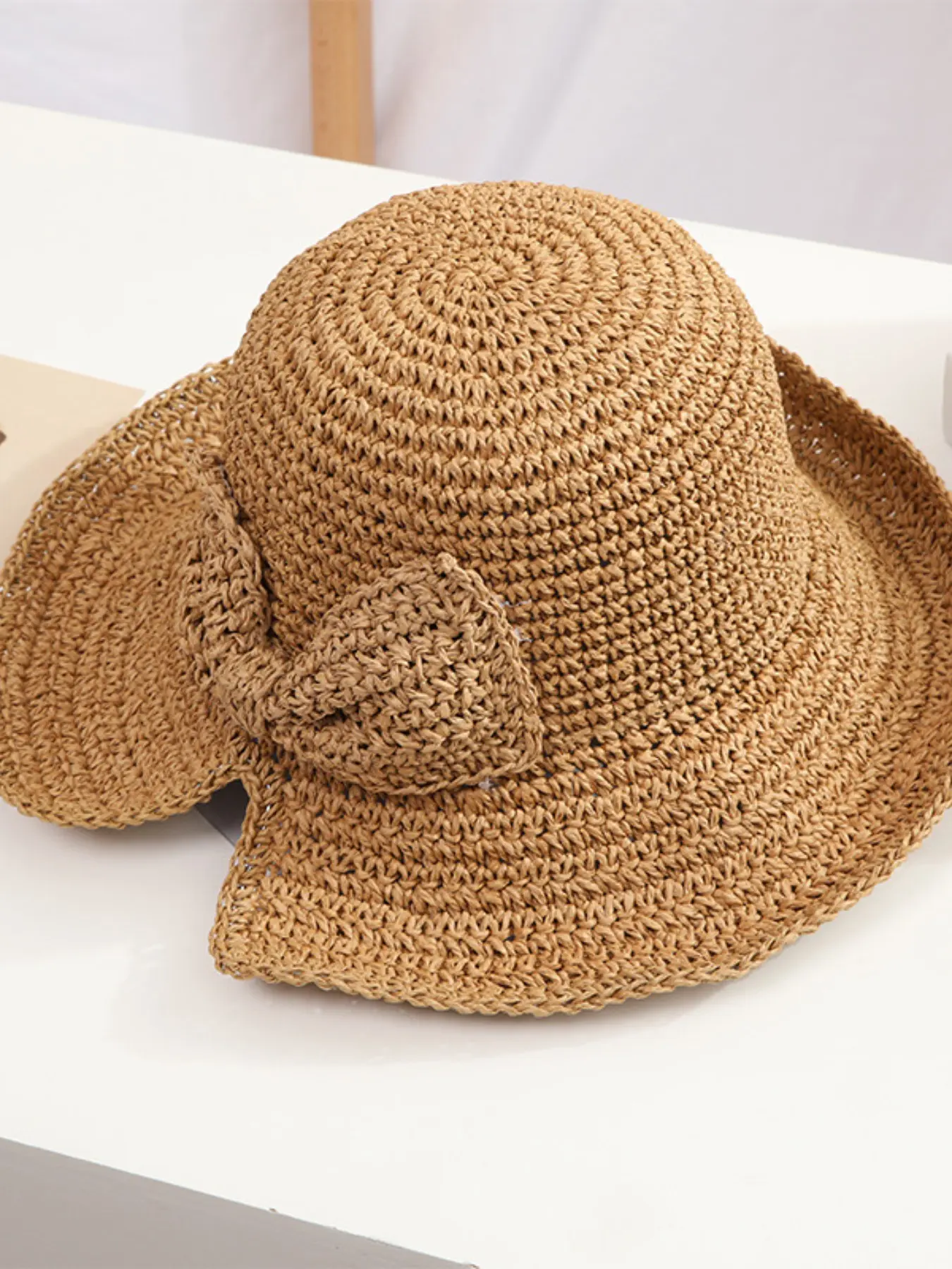 New Summer & Spring Handmade Butterfly Knot Straw Fisherman Hat, Outdoor Vacation Sun Protection Foldable Sunhat, Sun Visor Cap, 1 Piece