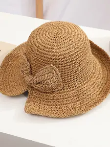 New Summer & Spring Handmade Butterfly Knot Straw Fisherman Hat, Outdoor Vacation Sun Protection Foldable Sunhat, Sun Visor Cap, 1 Piece