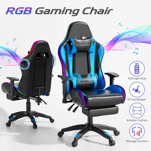 【dealsforyoudays】Mr IRONSTONE Gaming Chair with Speakers and Led Lights Ergonomic Massage Computer Gaming Chair with Broaden Cusion and Footrest High Back Video Game Chair for Adults Kids Boyfriend Father's Gift, Blue Black and Pink