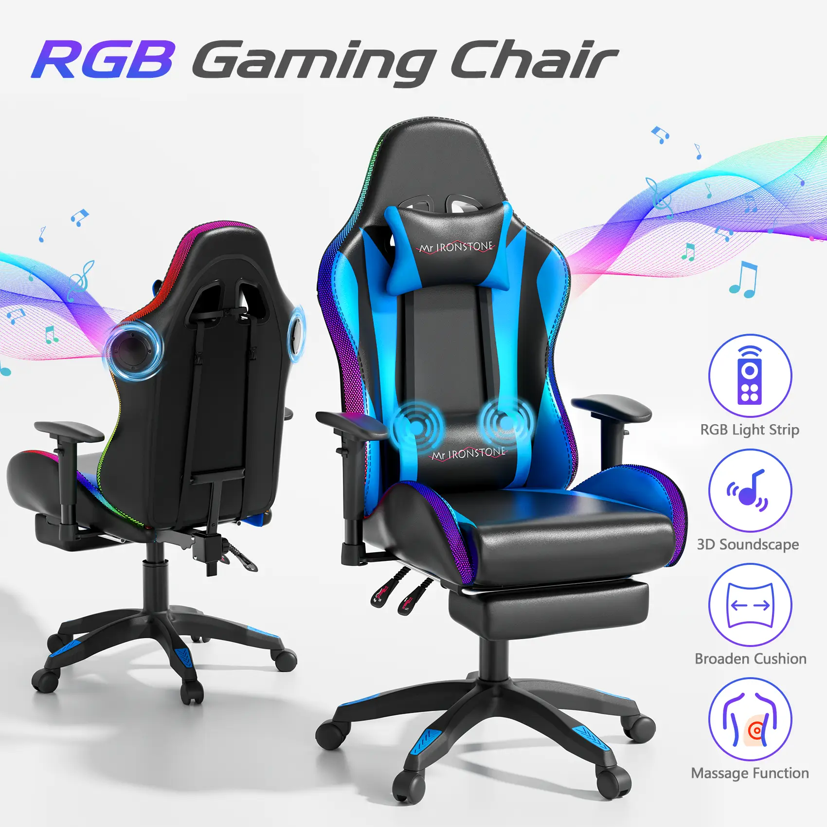 【dealsforyoudays】Mr IRONSTONE Gaming Chair with Speakers and Led Lights Ergonomic Massage Computer Gaming Chair with Broaden Cusion and Footrest High