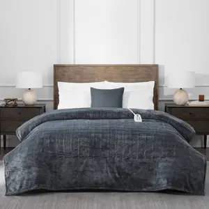 Brookstone Twin Heated Micro Herringbone Blanket Gray