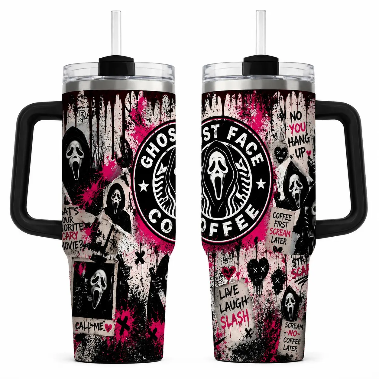 Ghostface Coffee Scream Tumbler 30oz 40oz With Handle, Pink Black Horror Movie Fan Cup With Spooky Coffee Graphic, Halloween Drinkware Gift, Not Including The Straw Water Bottles