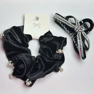 GLAM SET! Rhinestone Claw and Pearl Velvet Scrunchie Set - Black Velvet Scrunchie with Decorative Claw and Pearl Accents hair clip