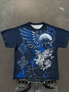 Men's Navy Blue Skull Wings Star Print T-Shirt, Streetwear Oversized Crew Neck Top, Classic, Y2K Grunge Rock Aesthetic & Vintage Design, Versatile Casual Daily Tee for Men, Menswear