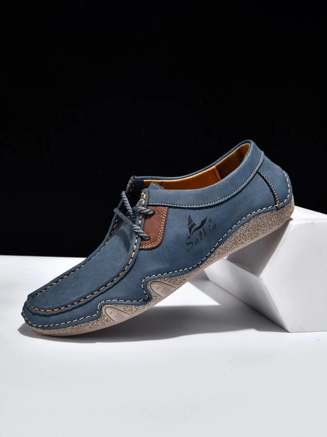Men's Fashion PU Leather Loafers, Handmade Flat Casual Shoes, Simple Low-Top, Large Size Lace-Up, All-Season Lightweight Comfortable Non-Slip Rubber Sole