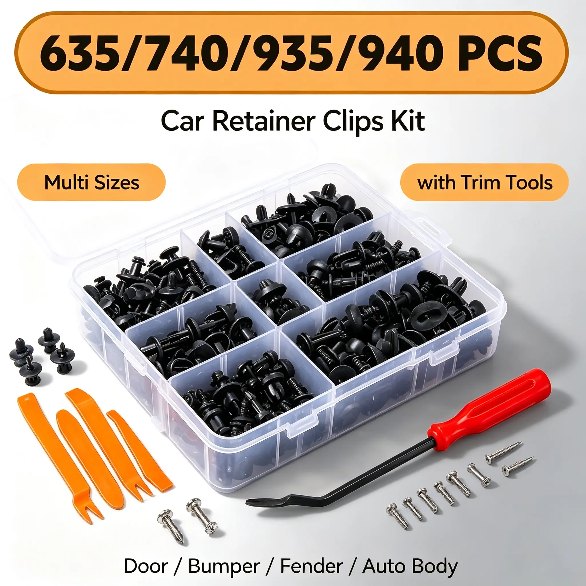 635/740/935/940Pcs Car Retainer Clips Plastic Push Rivets Fastener Assortment Kit, Multi Sizes Auto Door Bumper Fender Replacement Clips with Trim Removal Pry Tools, Universal Automotive Body Push Pin Set for Most Vehicles