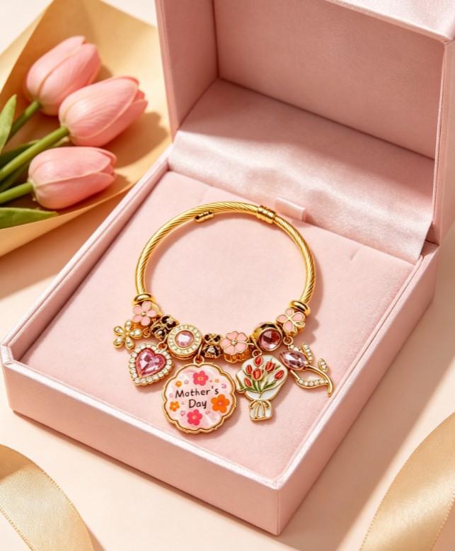 Mother’s Day gold twisted cable charm bangle, pink flower crystal beaded bracelet with tulip and heart charms, jewelry gift for mom and women