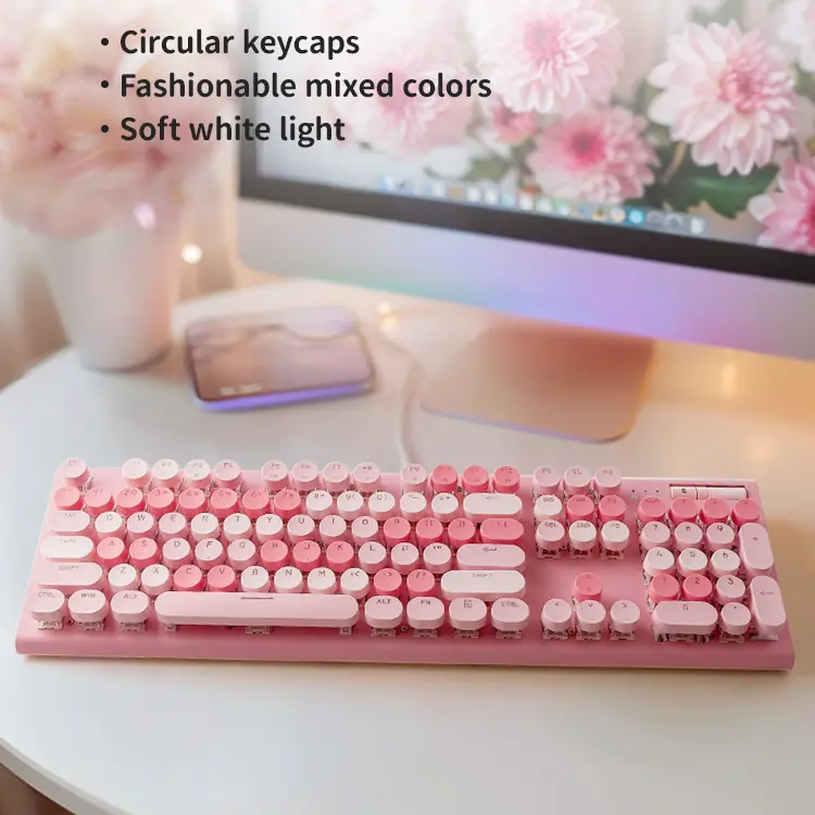 Cute Full Size Wired Keyboard for Girls, White Backlit Typewriter Keyboard with Volume Knob, Light Switch Button and Foldable Stands, Wired Keyboard with Number Pad for Computer PC Laptop