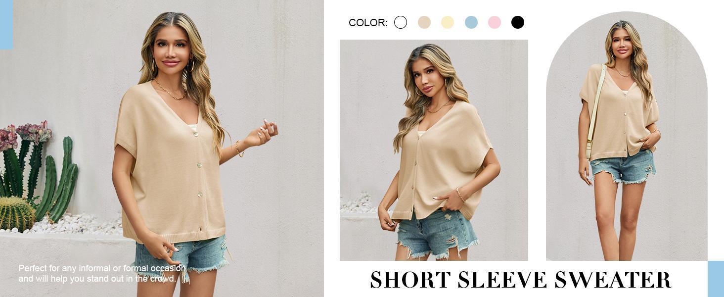 Imily Bela Womens Summer Oversized Cardigans Batwing Short Sleeve Lightweight Button V Neck Casual Knit Sweater Tops