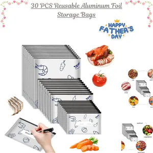30 PCS Reusable Aluminum Foil Storage Bags – Resealable Vacuum Zipper Pouches with Zip Lock & Labels, Stand Up Food Storage Bags for Meat, Vegetables, Fruits, Snacks & Kitchen Freezer Organization