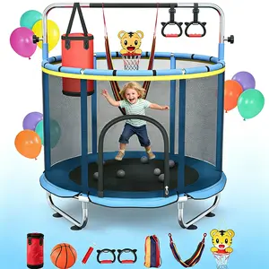 Safe 60" Kids Trampoline with Full Enclosure, Multi-Activity Trampoline for Toddlers with Basketball Hoop, Punching Bag, Swing & Gym Rings, Indoor Outdoor Bouncer for Kids Ages 3-17