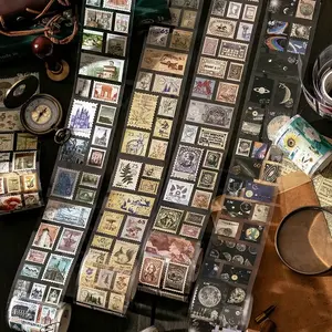 Random Color Natural Post Office Series Tape, Copper Plate Stamp Vintage DIY Journal Decoration Stickers, Decorative Stickers, 1 Roll Random Colors