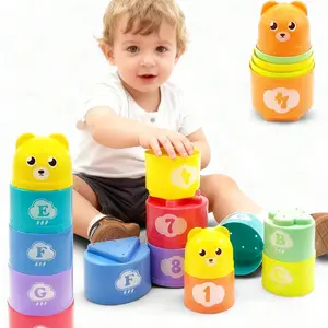 1set of baby educational stacking cups, featuring large-particle building blocks for children's cognitive development, including numbers, letters, patterns, and a cartoon bear (random color) Learning Materials