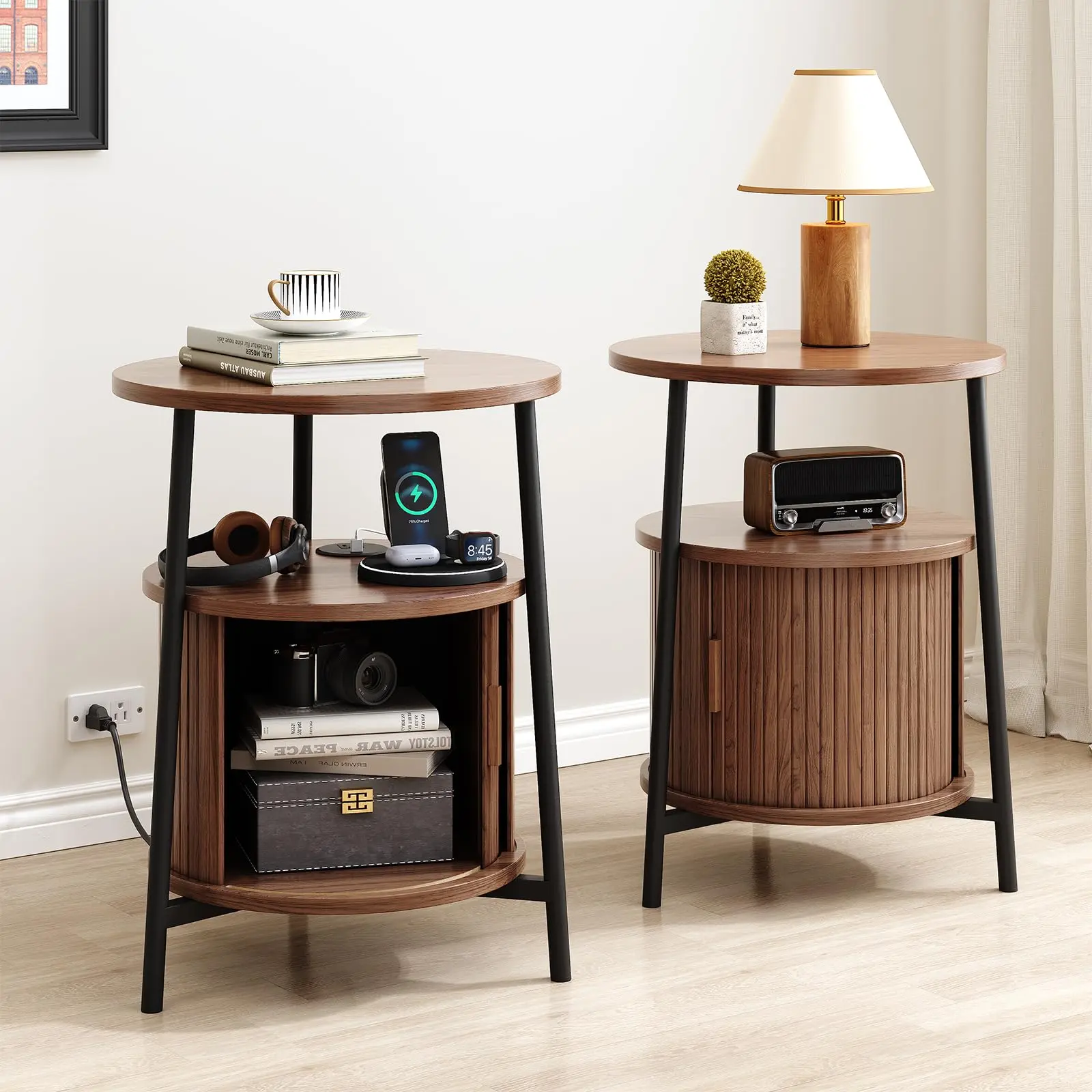 【SummerFinds】ONBRILL Round Side Table with Storage, Fluted Nightstand with Charging Station, Small Mid-Century Modern Bedside Tables, Walnut End Tables for Small Space Living Room Bedroom Sofa Couch