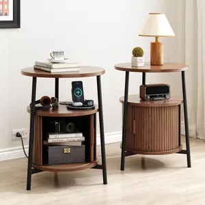 ONBRILL Round Side Table with Storage, Fluted Nightstand with Charging Station, Small Mid-Century Modern Bedside Tables, Walnut End Tables for Small Space Living Room Bedroom Sofa Couch
