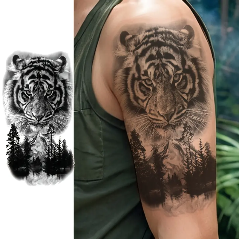 Realistic Fake Temporary Tattoos - Single Item with 6 Stickers (3 Fixed, 3 Random Vibrant Tiger Tattoo Art Designs), Waterproof, Long-Lasting 5-7 Days, for Adults’ Arms/Thighs, Fake Tattoo, Realistic Temporary Tattoos