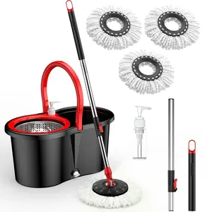 uncut steelColorful 360° Spin Mop and Bucket Set with 3 Microfiber Refills 61in Stainless Steel Adjustable Extendable Pole Plastic Bucket for General Cleaning